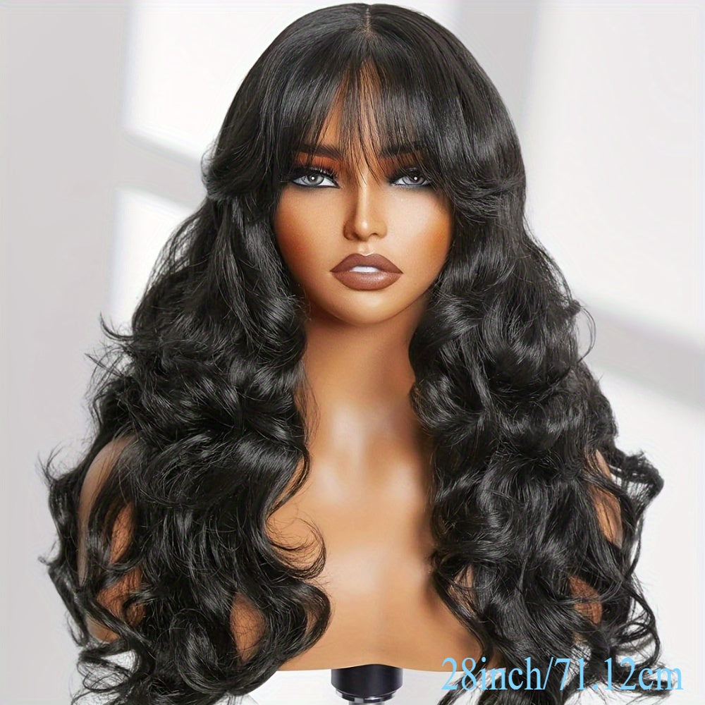 150% Density 100% Brazilian Virgin Human Hair Wig - Long Body Wavy with Bangs, Glueless Full Machine Made, Natural Black #1B - Perfect Gift for Women, New Year, Birthday & Valentine's Day